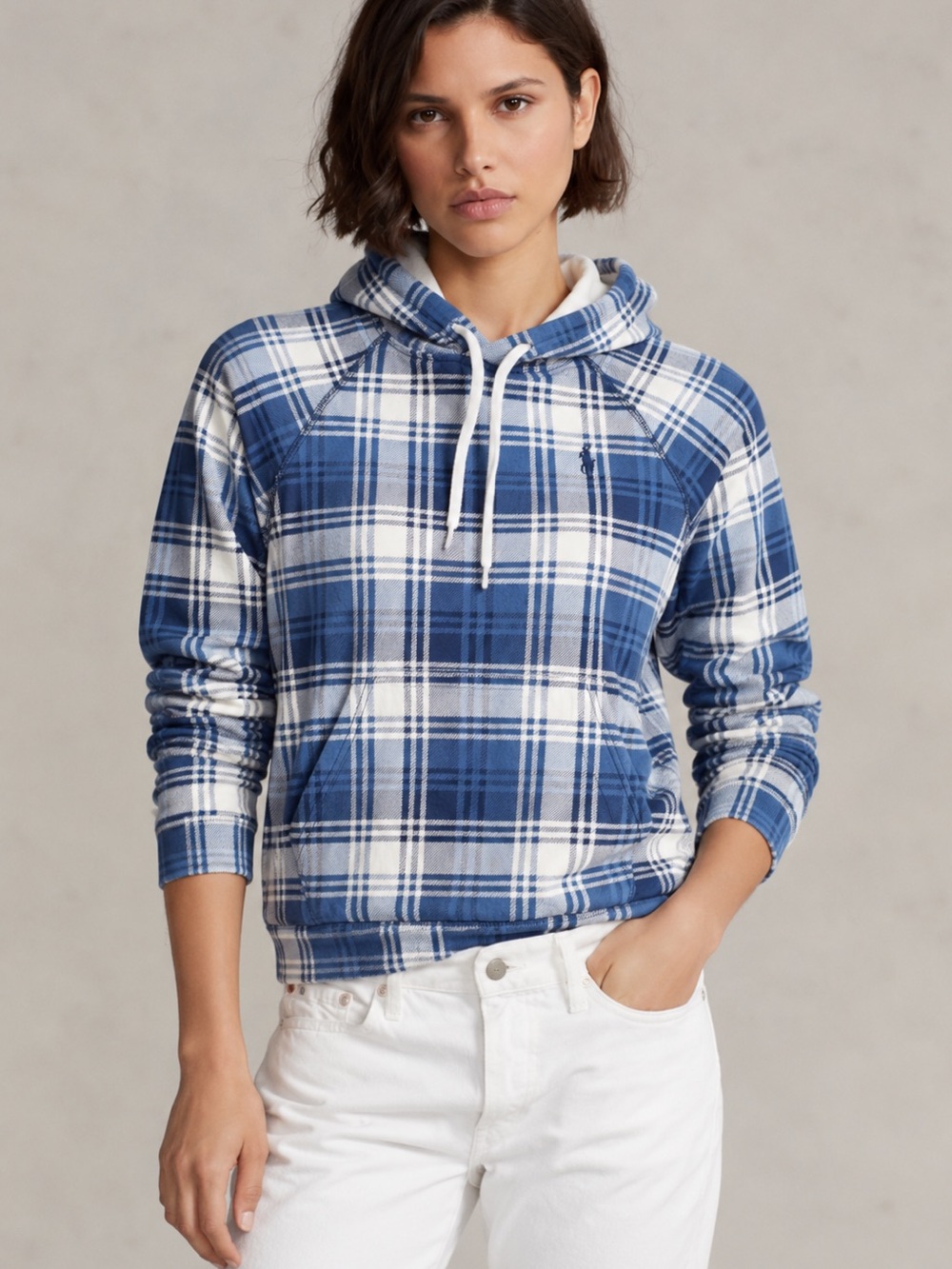 POLO RALPH LAUREN | Womens Plaid Fleece
Pullover Hoodie in Blue/White, Medium